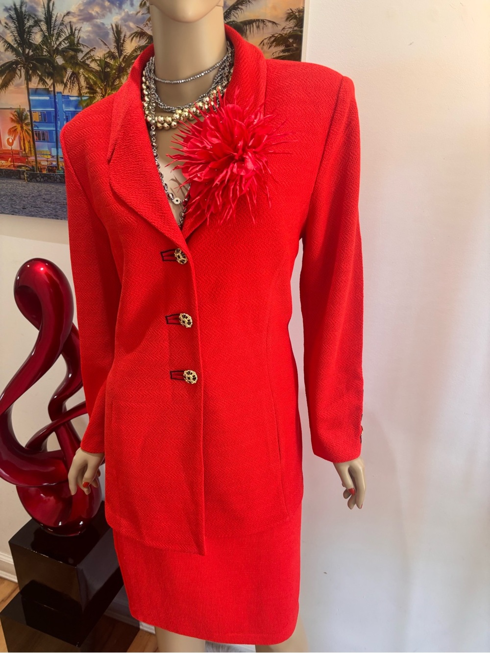 St. John Vibrant Red Orange Tailored skirt suit tweed set 14 L embellished poppy - Picture 2 of 5